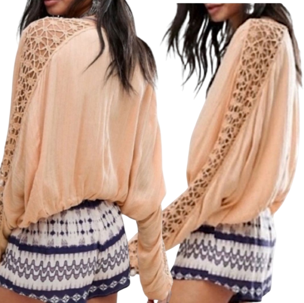 Free People Peach Crochet Sleeve High Low Women's Boho Top⭐⭐Sold - Picture 2 of 9